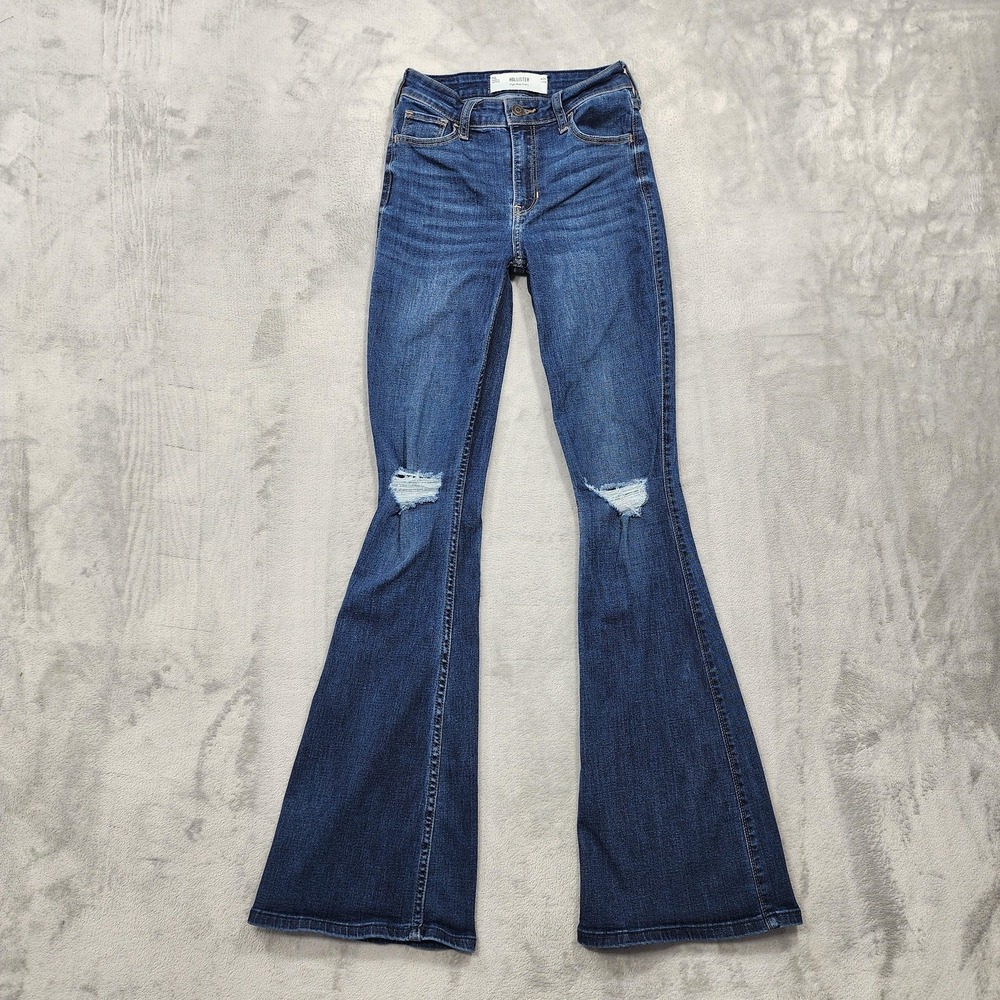 Hollister‎ Jeans Womens 00L/24L LONG Blue Distressed High Rise Flare Stretch